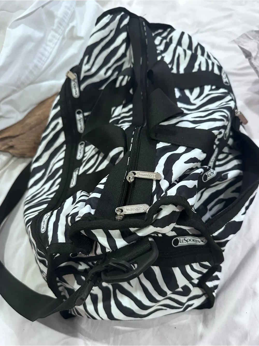 Lesportsac Zebra-Print Duffel Weekender Bag in Black & White